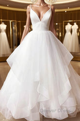 V Neck White Tulle Wedding Dresses, V Neck White Formal Prom Evening Dresses